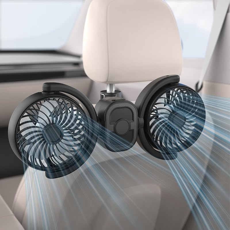 Rechargeable dual-head USB mini car fan for backseat, 3-speed separate