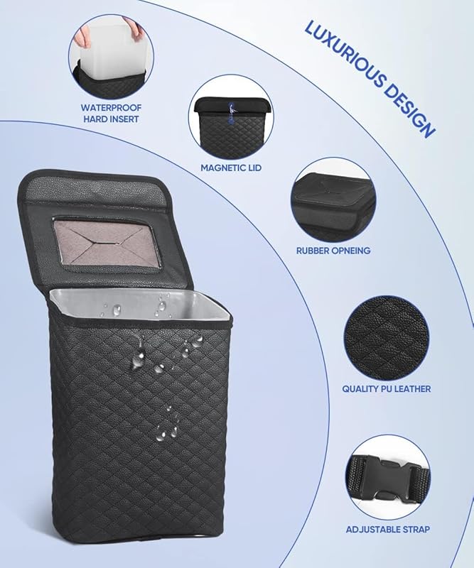 Tsumbay 2-Gallon PU Leather Car Trash Can with Lid, Leakproof Removabl