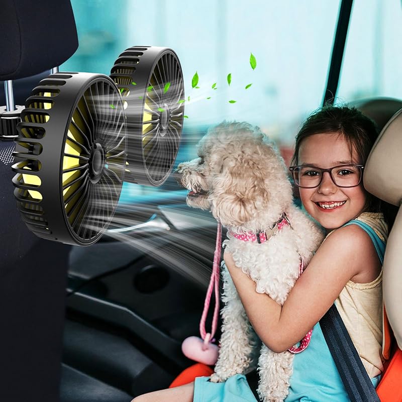 Portable 3-Head USB Clip Car Cooling Fan for Backseat Headrest, Quiet 