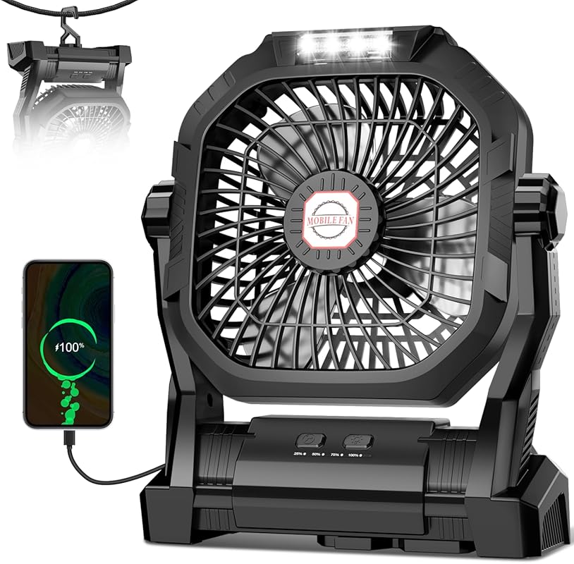 20000mAh Rechargeable Camping Fan with LED Light, Hanging Hook and 4-S