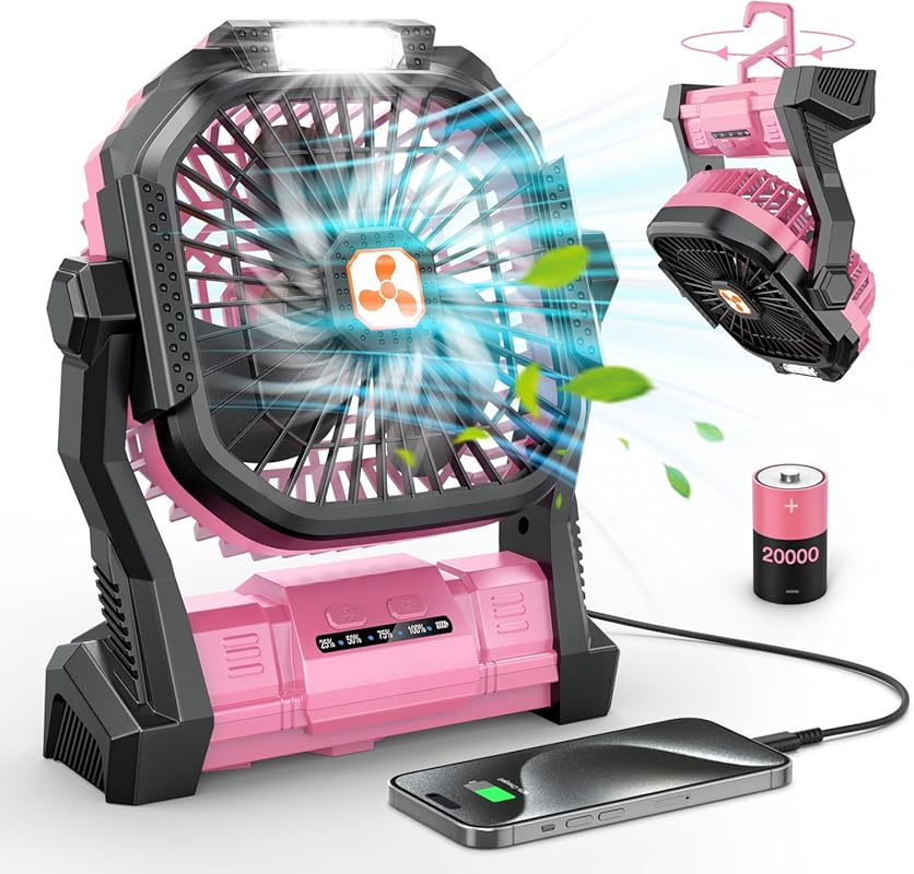 ONLYNEW Rechargeable Cordless Table Fan 20000mAh with LED Lantern USB-