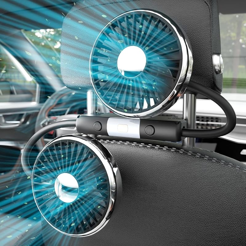 Dual Head USB Car Fan, 360-degree Rotatable Quiet Cooling with LED Lig