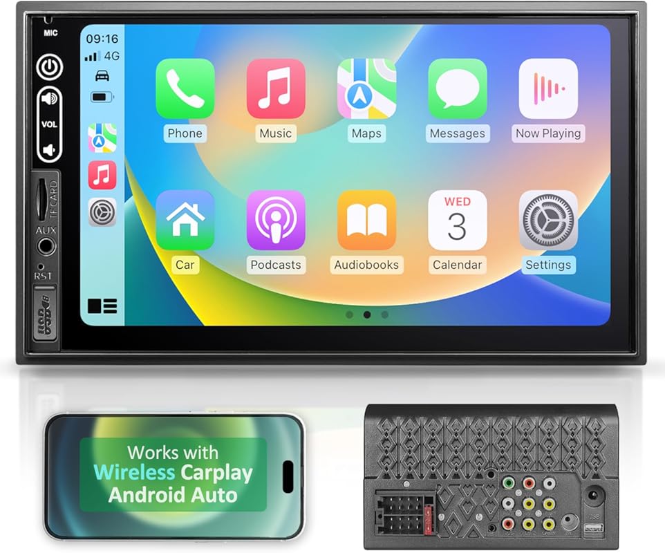 Double DIN Car Stereo with 7-inch Touchscreen, Wireless Apple CarPlay,