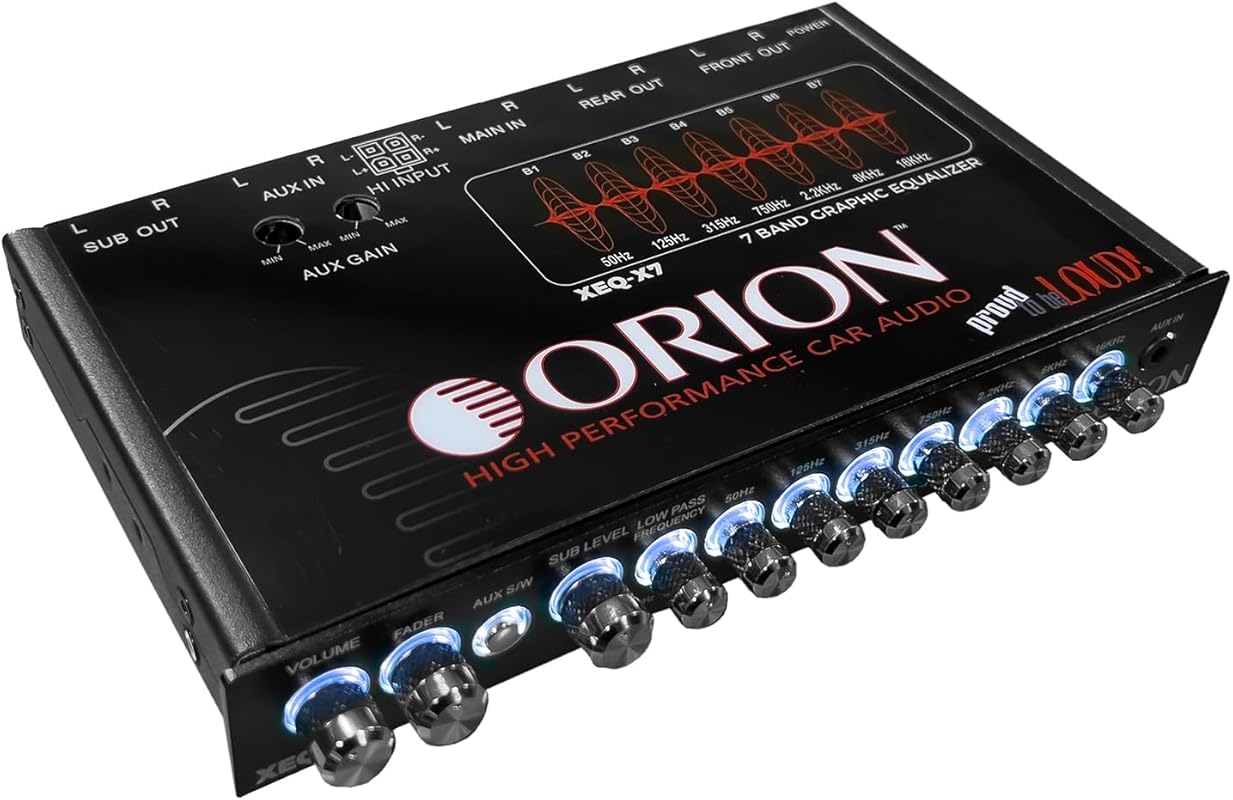 Orion XEQ-X7 7-band half-DIN car graphic equalizer with front 3.5mm au