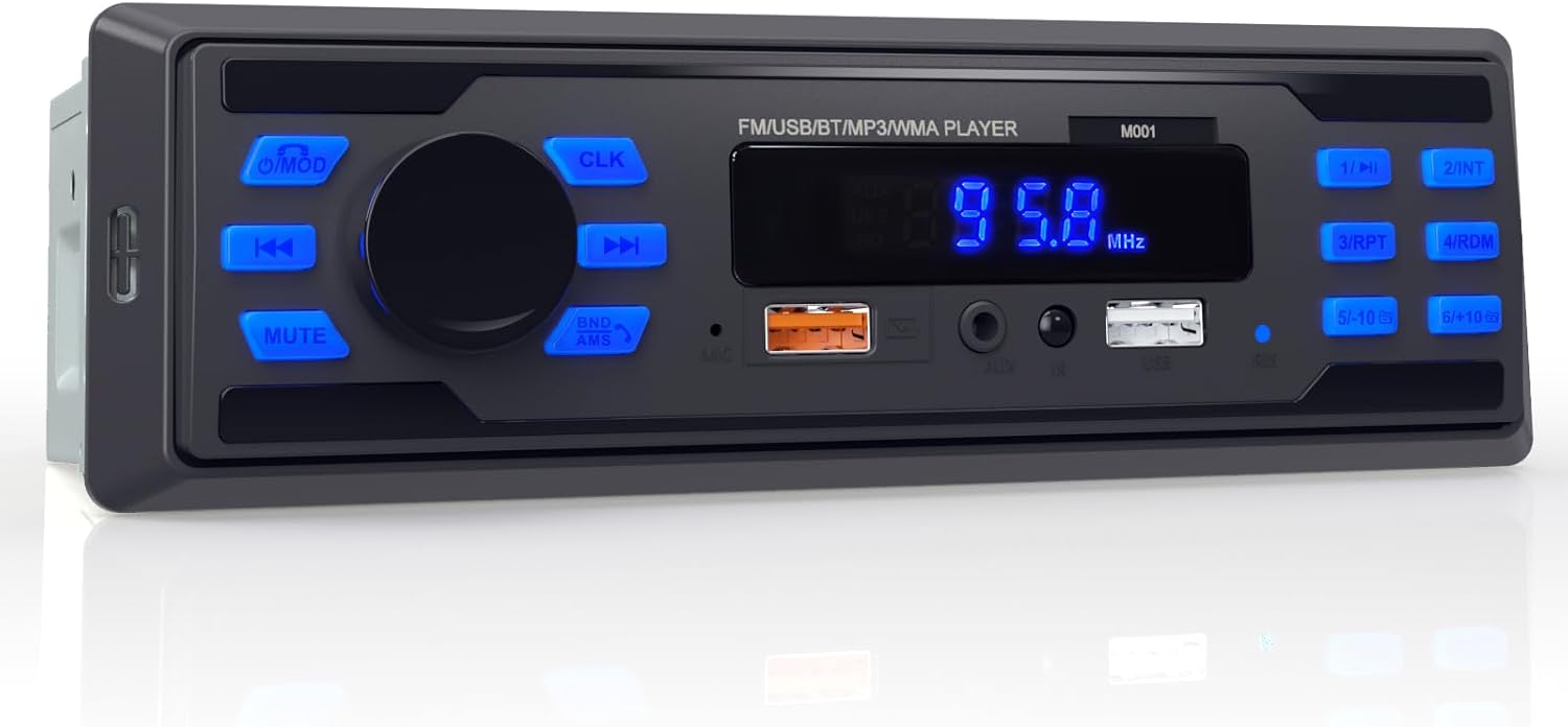 Single DIN Bluetooth Car Stereo with Handsfree Calling, Dual USB, FM, 