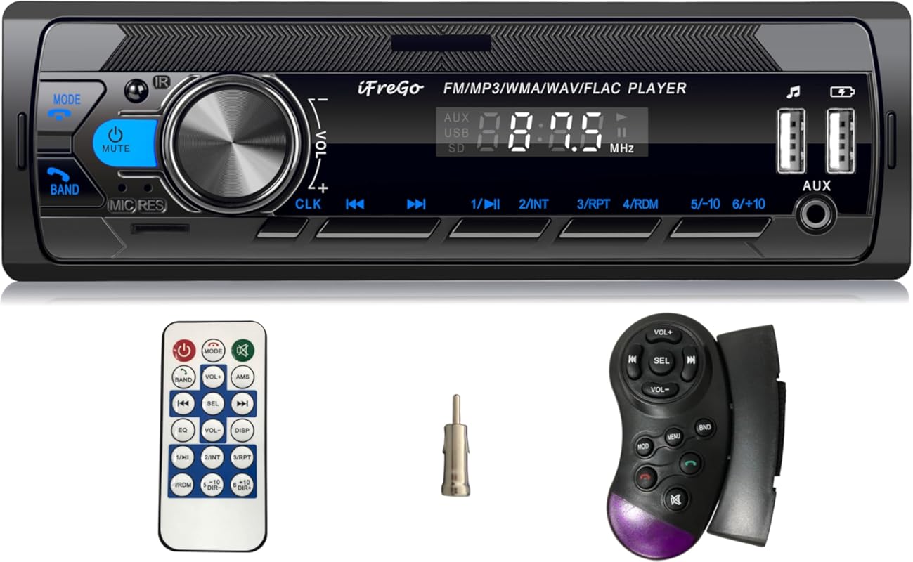 Single DIN Bluetooth Car Stereo with Handsfree Calling, USB, SD, AUX, 