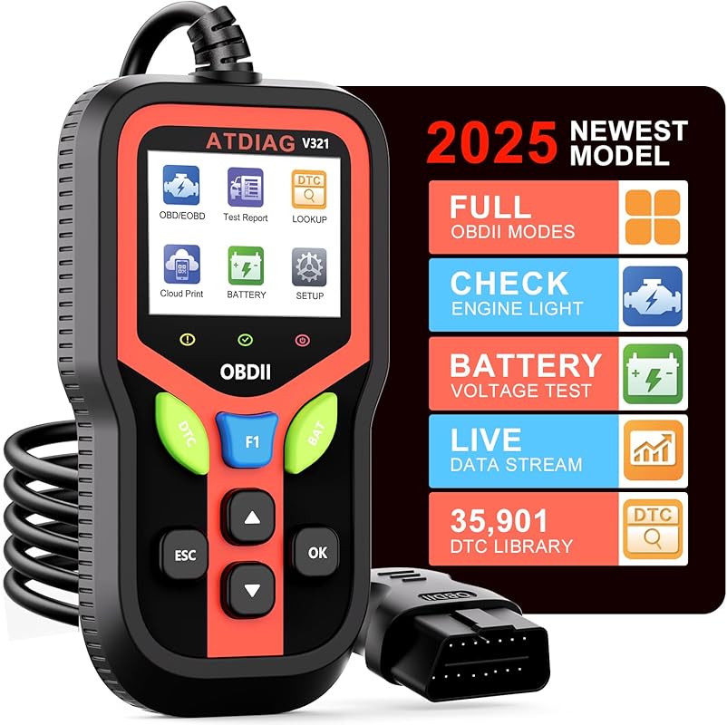 OBD2 scanner for checking and clearing codes, battery test, live data 