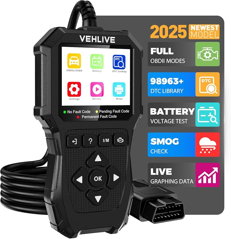 OBD2 scanner with code reader, reset, battery test and live data for 1