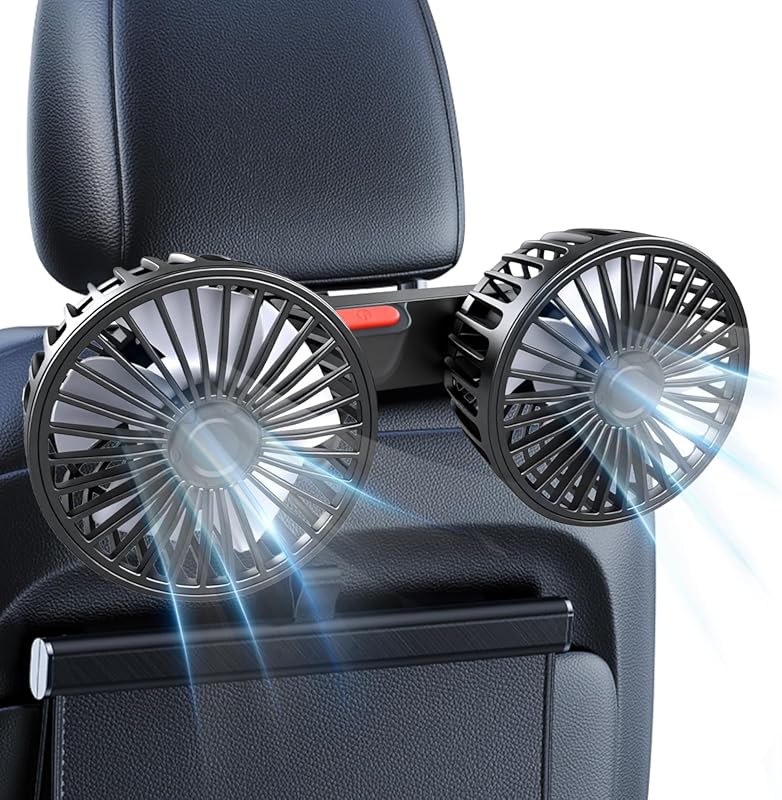 Dual-Head USB Car Cooling Fan for Backseat, 360-degree Rotating Headre