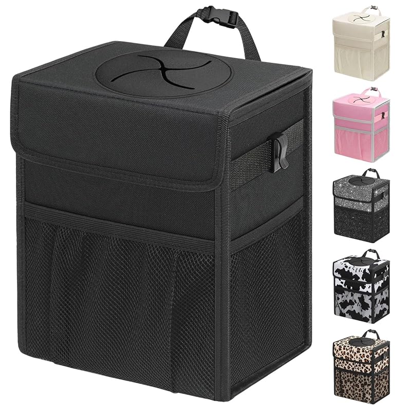 2.5 Gallon Leakproof Car Trash Can with Lid and Storage Pockets, Hangi