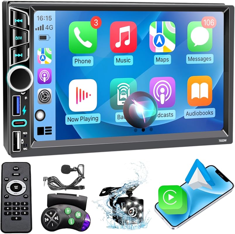 7 Inch Double DIN Stereo with Wireless Apple CarPlay Android Auto Blue