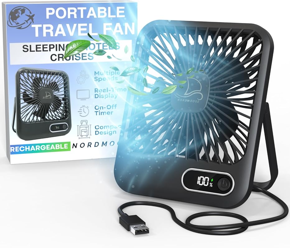USB-C Rechargeable Mini Travel Fan, Folding Flat Desk Fan with Timer a