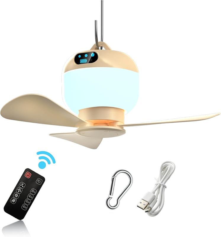 Rechargeable Hanging Camping Ceiling Fan with Light and Remote for Ten