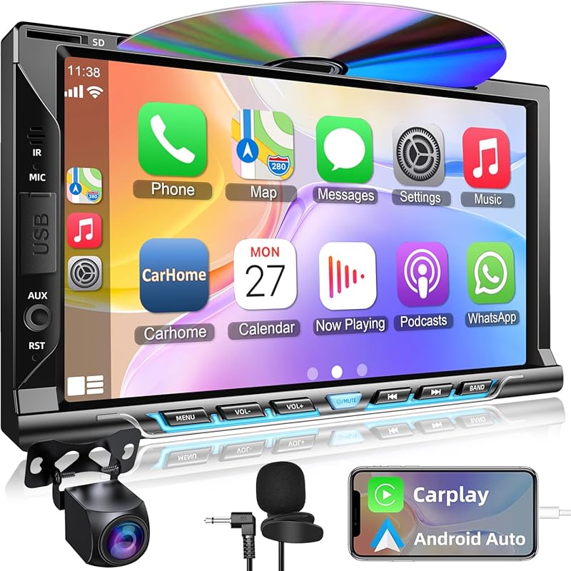 Double-DIN CD/DVD stereo, Apple CarPlay and Android Auto, Bluetooth, 7