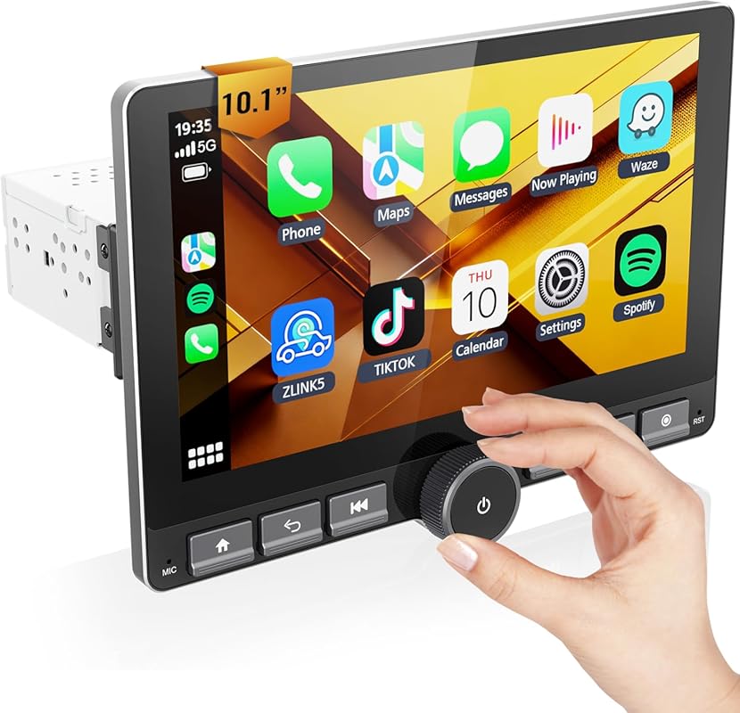 10.1-inch Single DIN Android 13 Car Stereo with Rotating Touchscreen, 