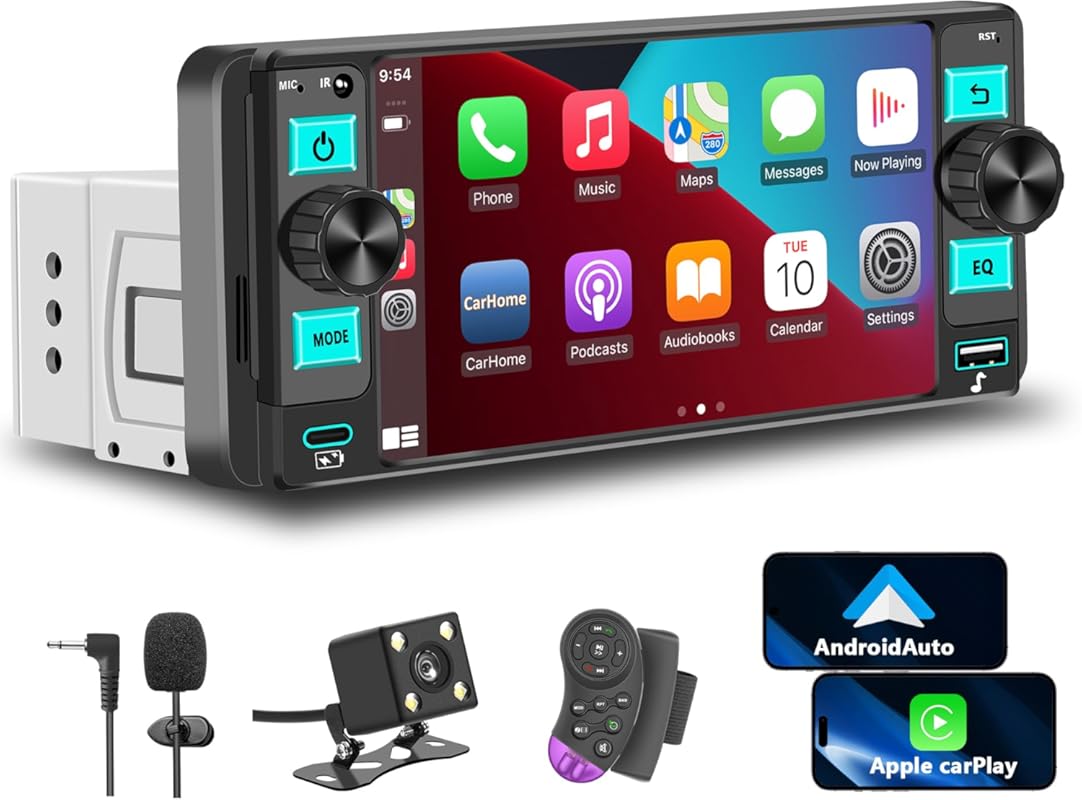 Single-DIN touchscreen radio with wireless Apple CarPlay and Android A