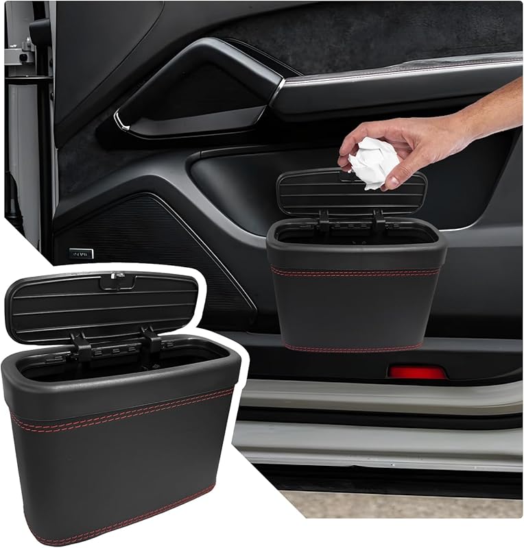 Leather Hanging Car Trash Can with Lid and Mounting Clip, Leakproof Or