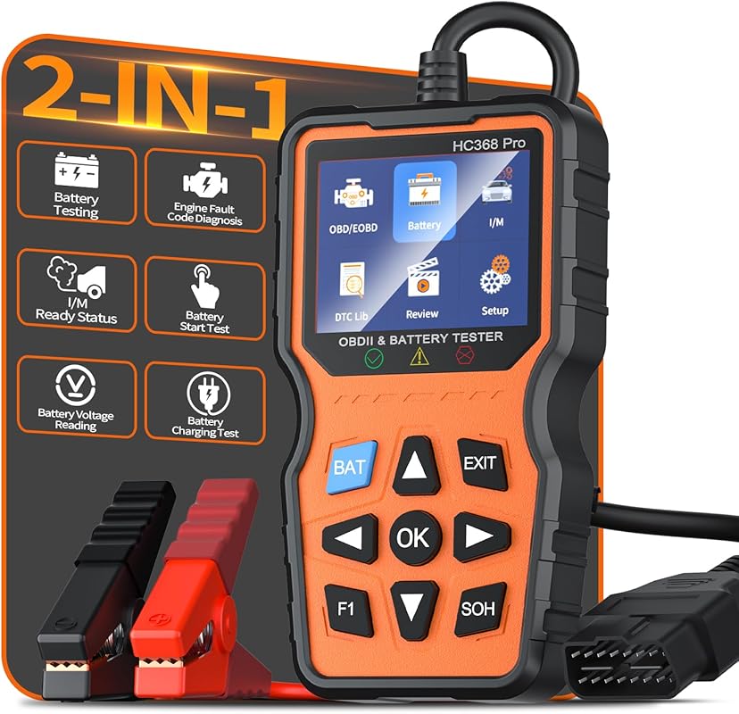 Plug-and-play OBD2 Scanner and 12V Battery Tester for Cars and Motorcy