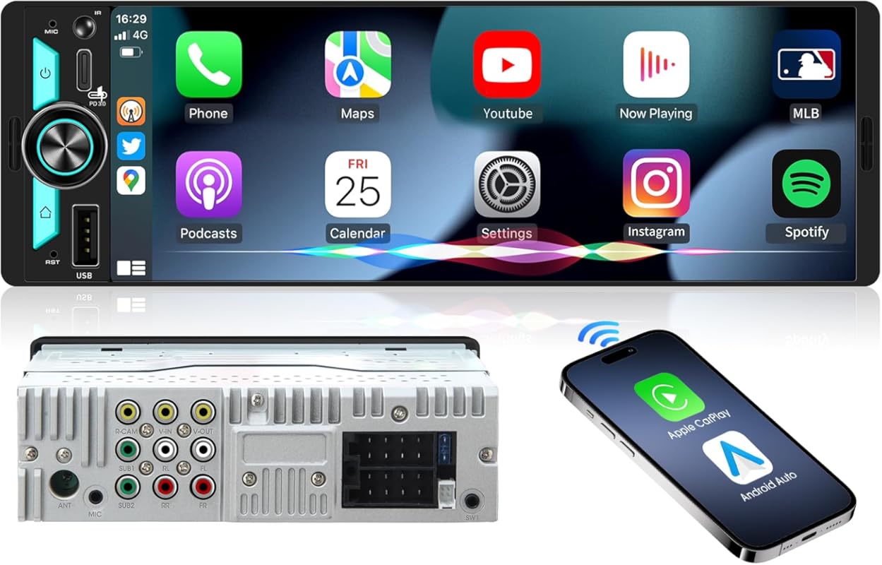 6.5-inch single-DIN wireless CarPlay stereo with Android Auto, touchsc