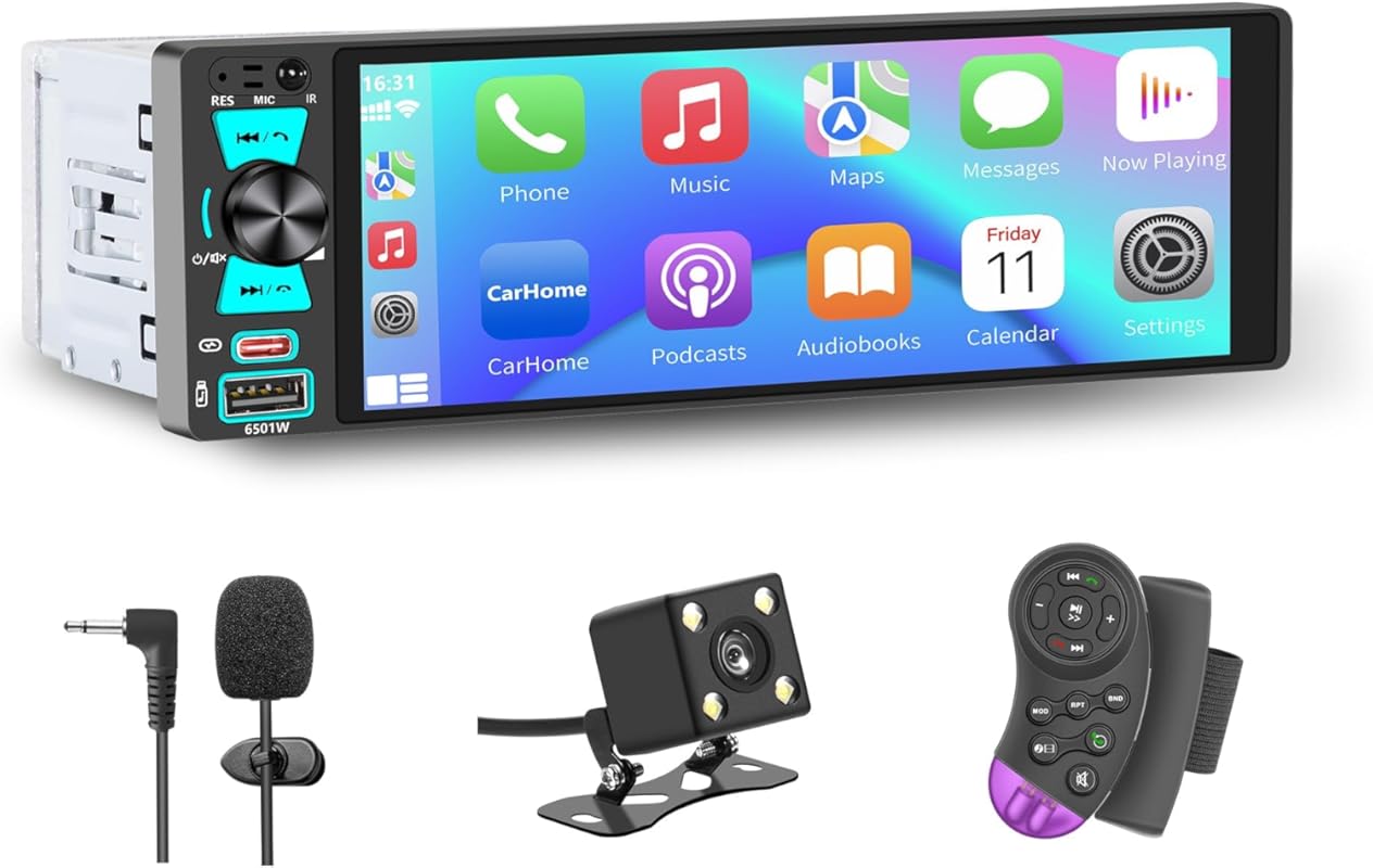 Single DIN Touchscreen Stereo with Wired and Wireless Apple CarPlay, A