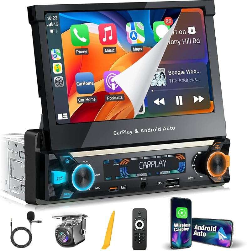 7 inch DIN flip out touchscreen wireless CarPlay and Android Auto USB 