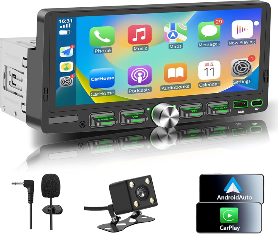 Single DIN 6.9 inch Touchscreen Car Stereo with Wireless Apple CarPlay