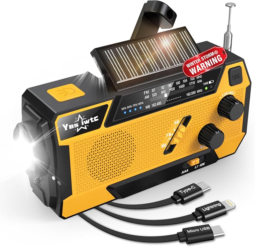Hand Crank Emergency Radio 7400mWh Solar Powered with 3 Charging Cable